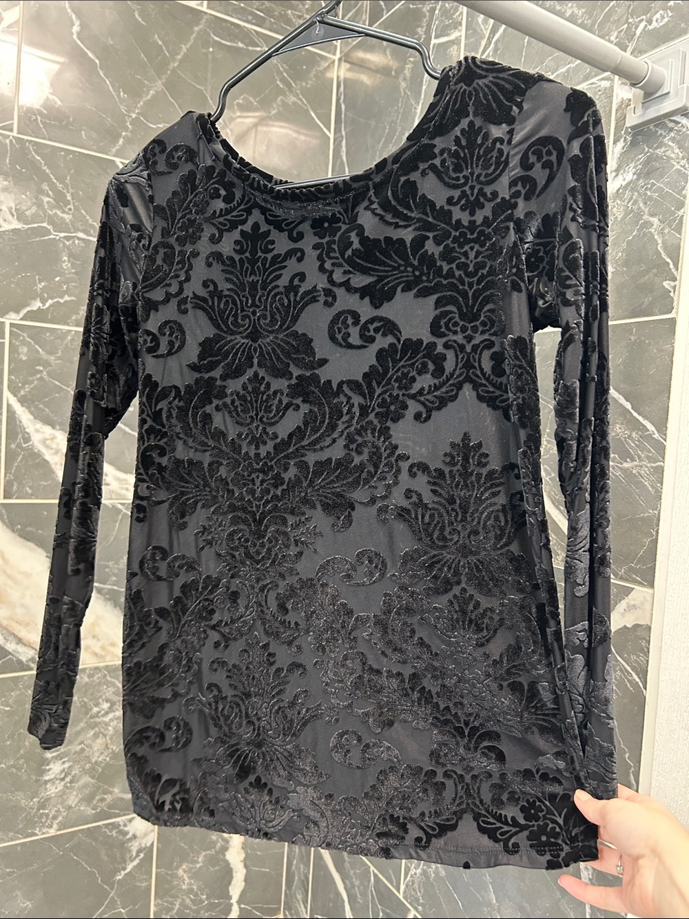 INC International Concepts Black Damask Burnout Long Sleeve Dress Top